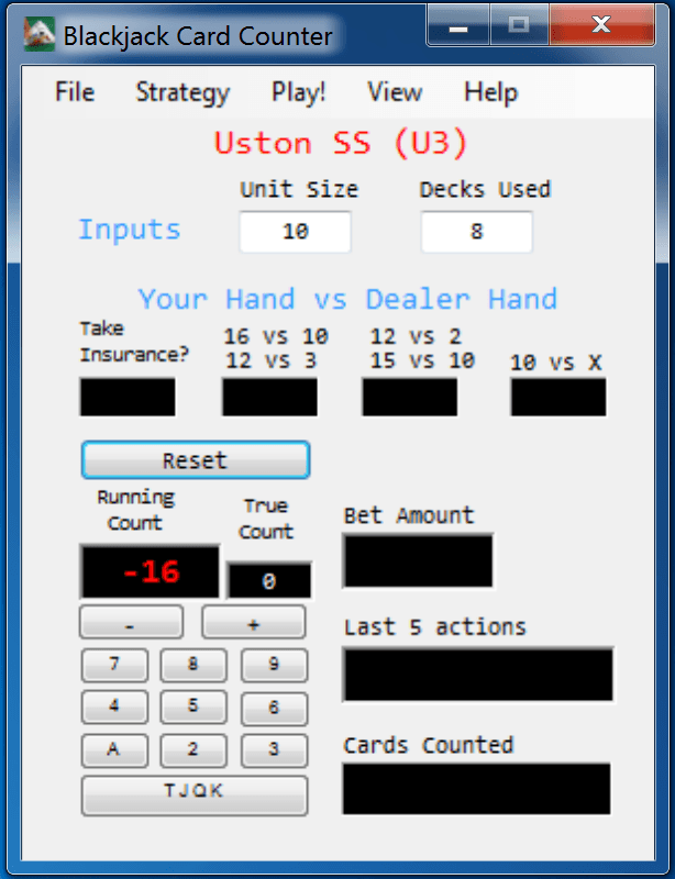 Blackjack Card Counter v2.1 — strategy selection panel